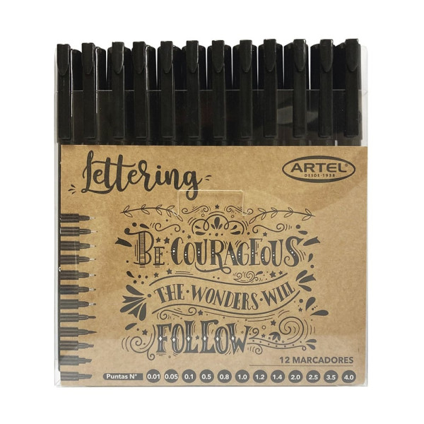 LETTERING 12 MARCADORES NEGROS CON VARIEDADES DE PUNTAS ARTEL