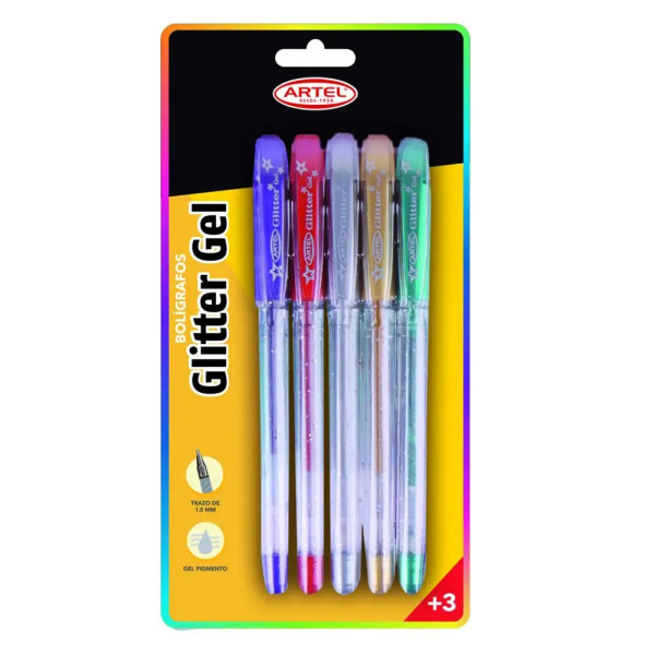 BOLIGRAFOS GLITTER GEL 5 COLORES ARTEL