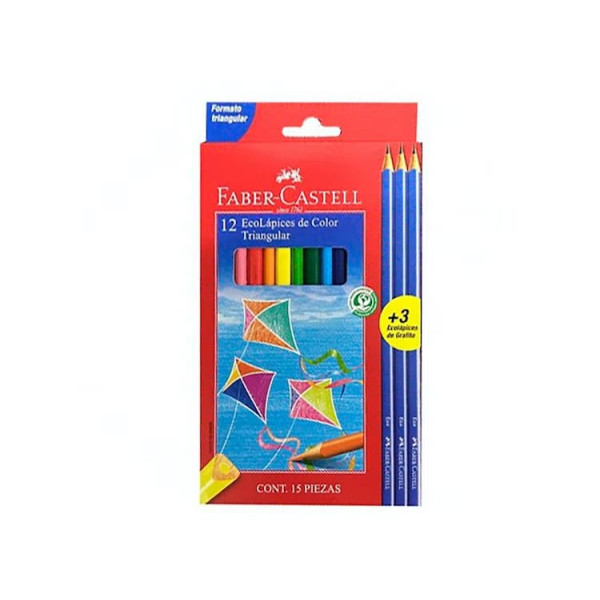 12 ECOLAPICES DE COLORES TRIANGULAR + 3 GRAFITOS FABER- CASTELL