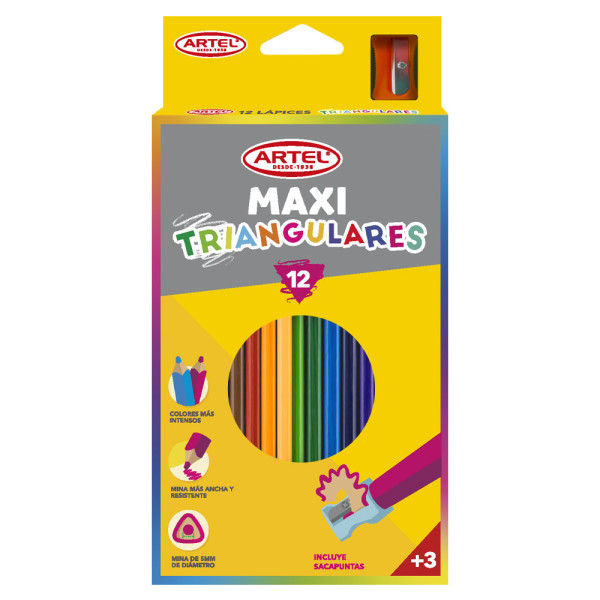 LAPICES DE 12 COLORES MAXI TRIANGULARES C/SACAPUNTAS, ARTEL