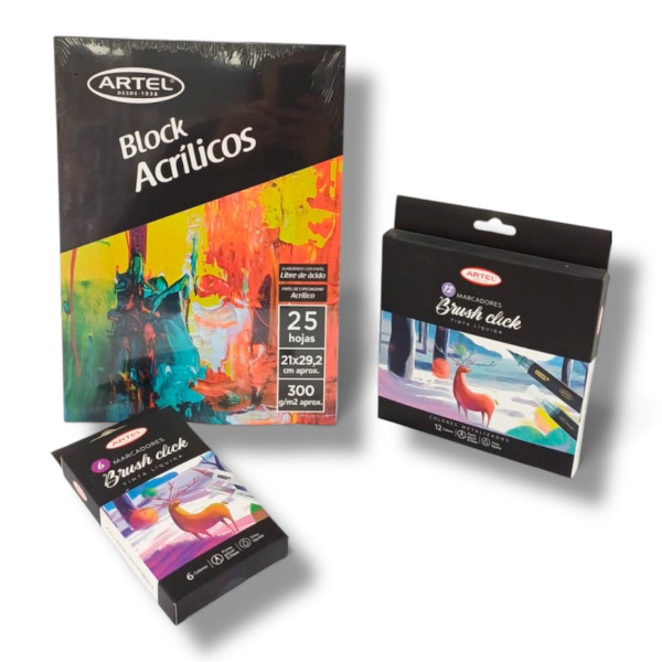 Pack Navideño 1block acrilico+ set 12marcadores brush click+ set de 6 marcadores brush click