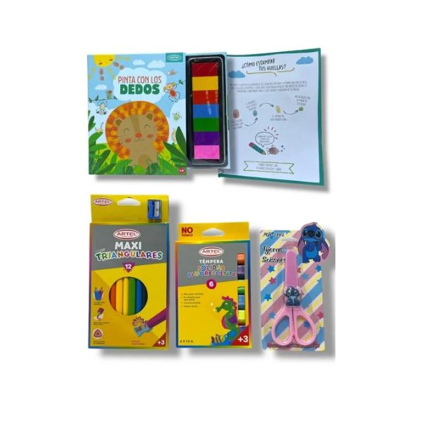 Pack Navidad Libro De Pinta Con huellas dactilares+tempera Solida+tijera+lapices