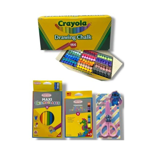 Pack Navidad 144tizas Crayola+lapices+saca+tempera solida unidades+tijera Stich