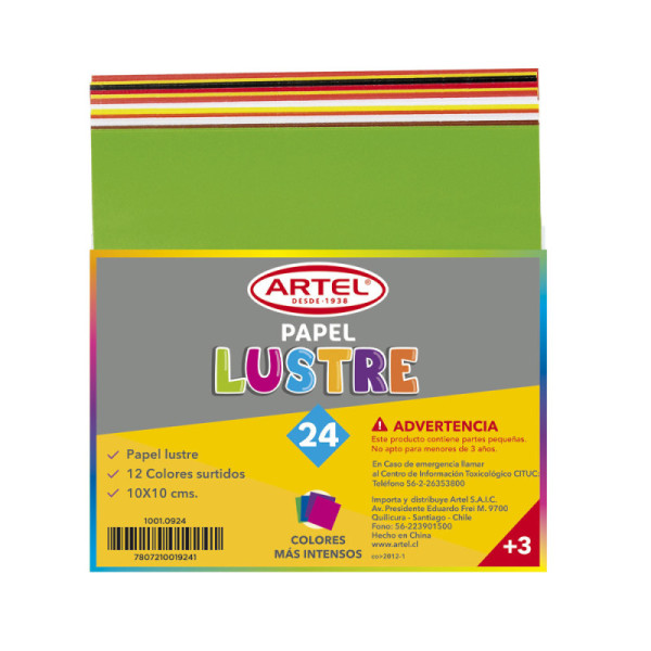 PAPEL LUSTRE 24 UNIDADES X12 COLORES 10X10CM ARTEL