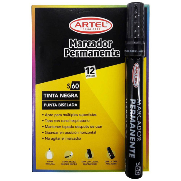 MARCADOR PERMANENTE PUNTA BISELADA NEGRO x12UNI. ARTEL