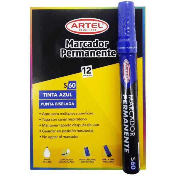 MARCADOR PUNTA BISELADA PERMAMANTE AZUL x12UNI , ARTEL
