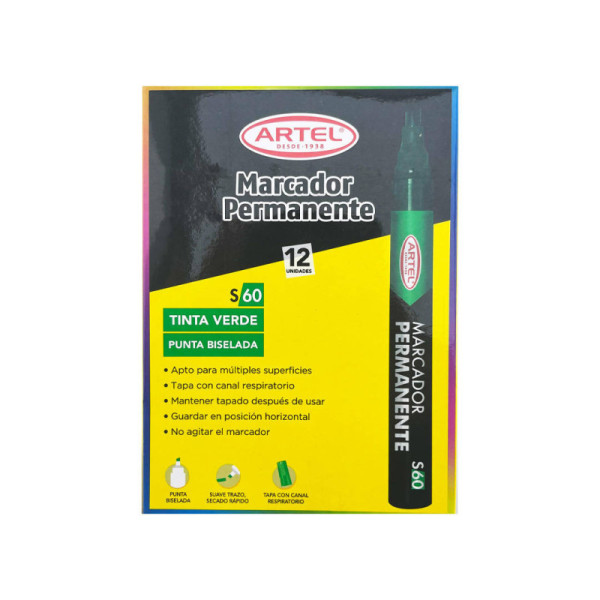 MARCADOR PUNTA BISELADA PERMANENTE VERDE x12UNI ,ARTEL