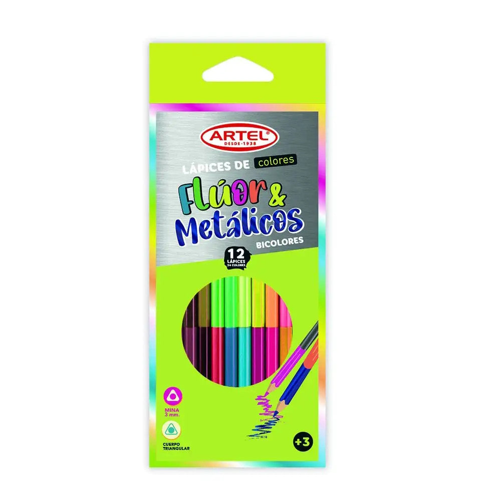 LAPICES DE 12 COLORES FLUOR Y METALICOS BICOLORES ARTEL