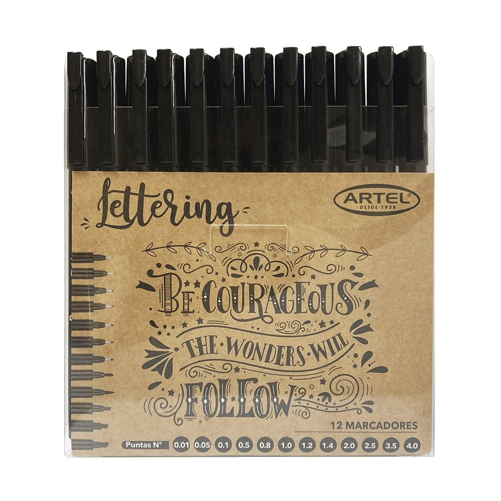 LETTERING 12 MARCADORES NEGROS CON VARIEDADES DE PUNTAS ARTEL