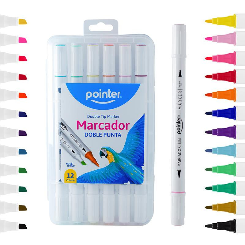 MARCADORES DOBLE PUNTA 12 COLORES POINTER