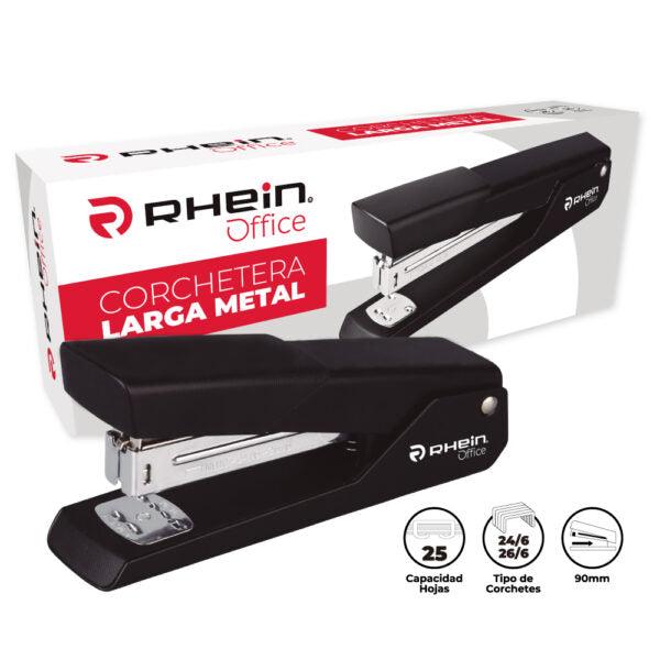 Corchetera Larga Metal Negra 25 Hojas Rhein