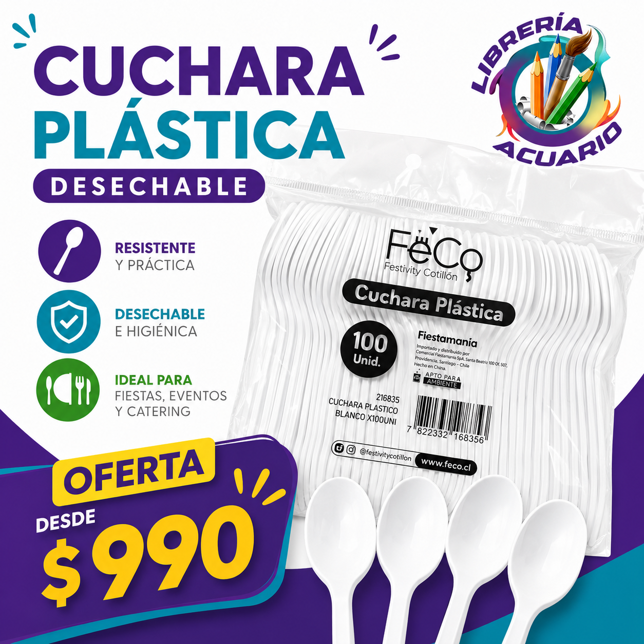 Cuchara Plastica Desechable Blanca 100 unidades