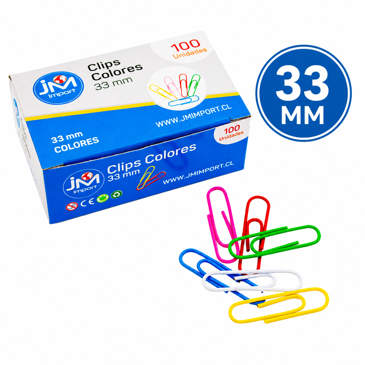 CLIPS DE COLORES 33MM 100 UNIDADES JM