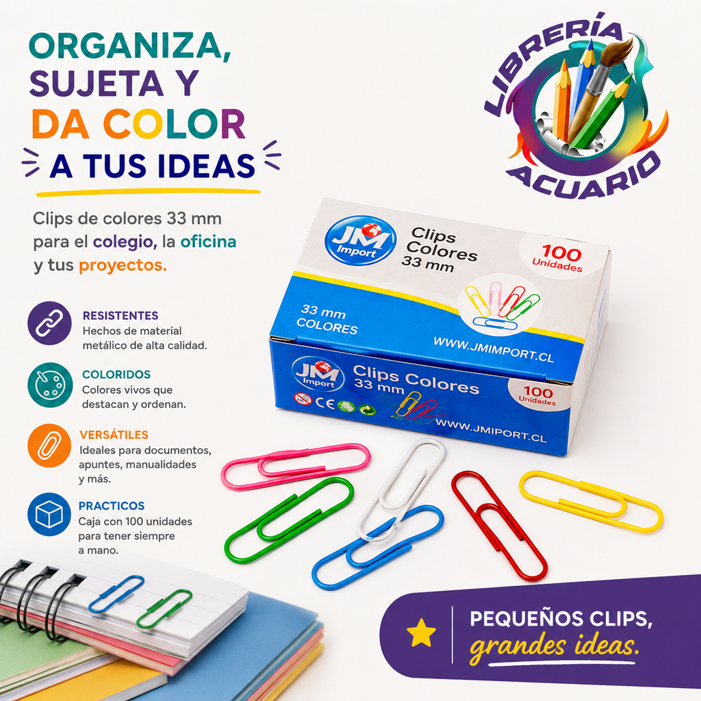 CLIPS DE COLORES 33MM 100 UNIDADES JM