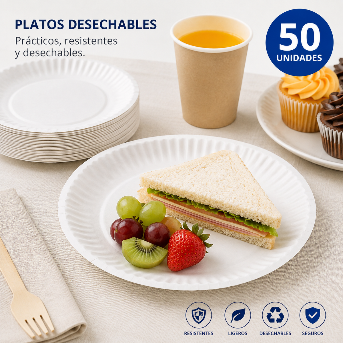 Platos Desechables Blancos 50 Unidades