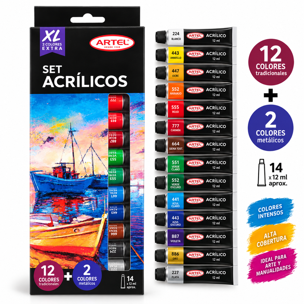 Set Acrilicos 12 Colores + 2 Metálicos ARTEL