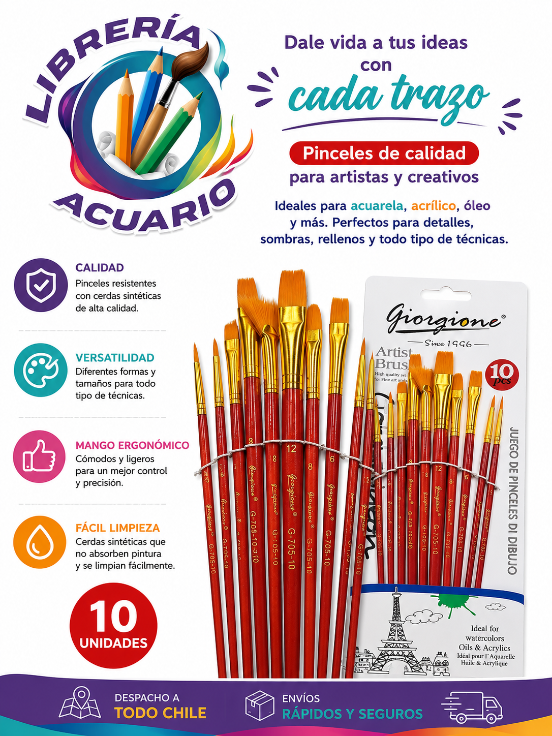 Set de 10 Pinceles Sintéticos para Pintura