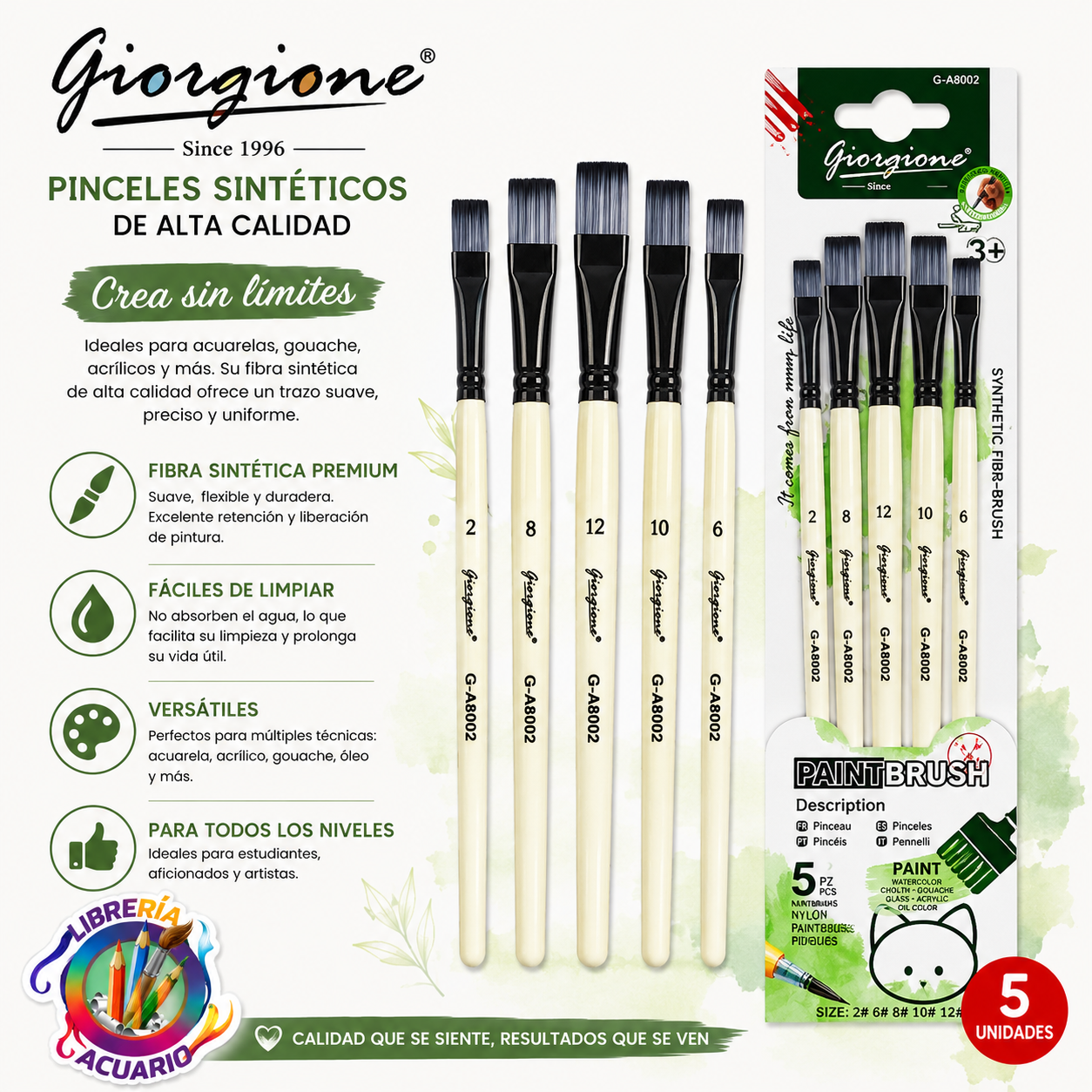 Set 5 Pinceles Planos Sinteticos