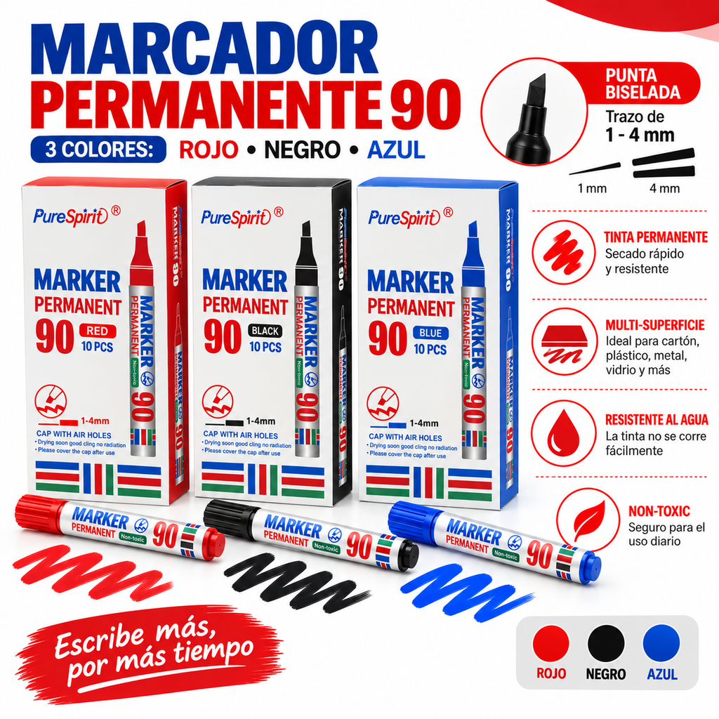 MARCADOR PERMANENTE PUNTA BISELADA 90  X 10Uni