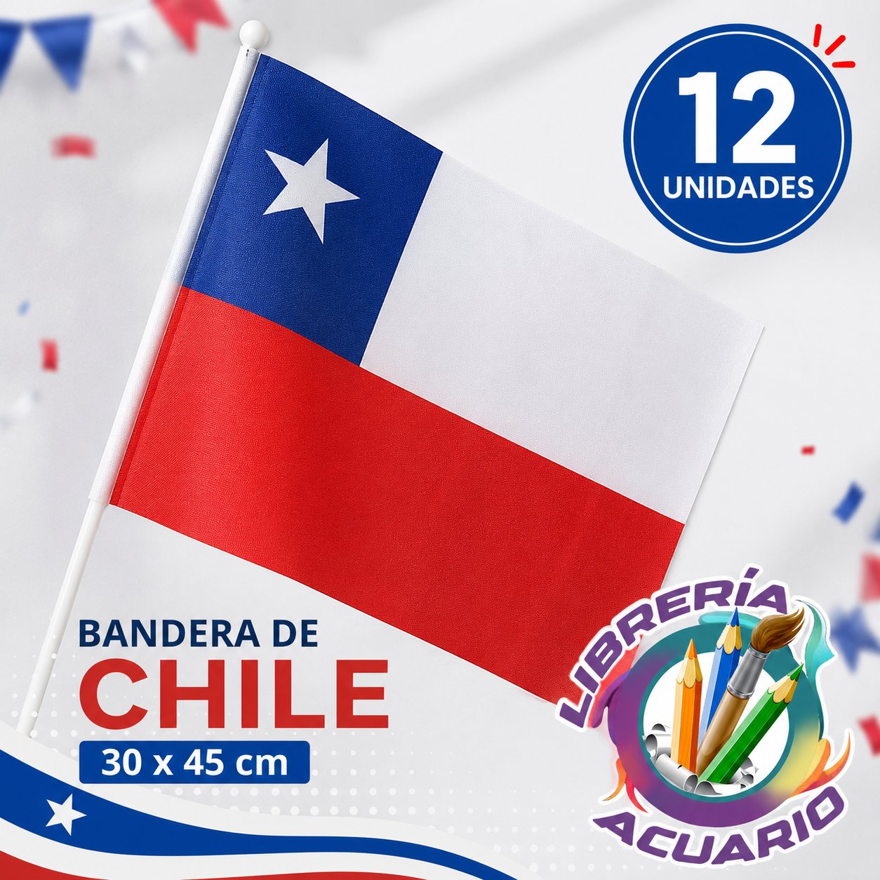 Bandera de chile 30x45 x12 Unidades
