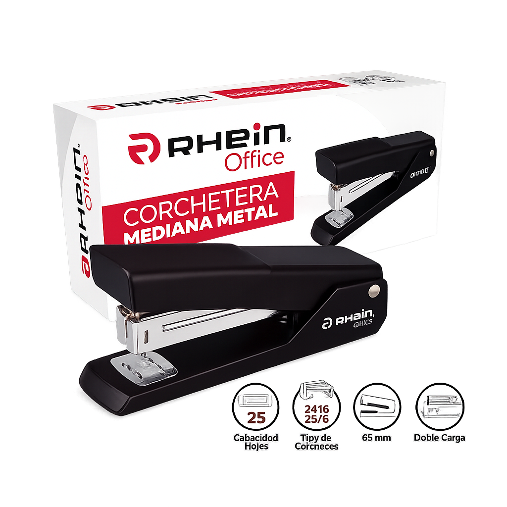 Corchetera Mediana Metal Negra 25 Hojas Rhein