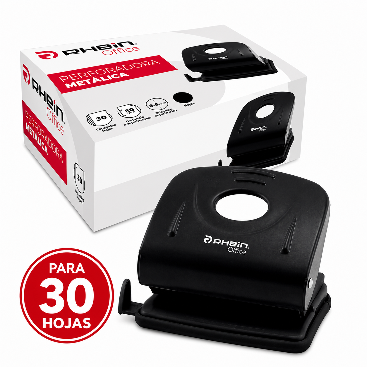Perforadora Grande Metal 30 Hojas Negra Rhein