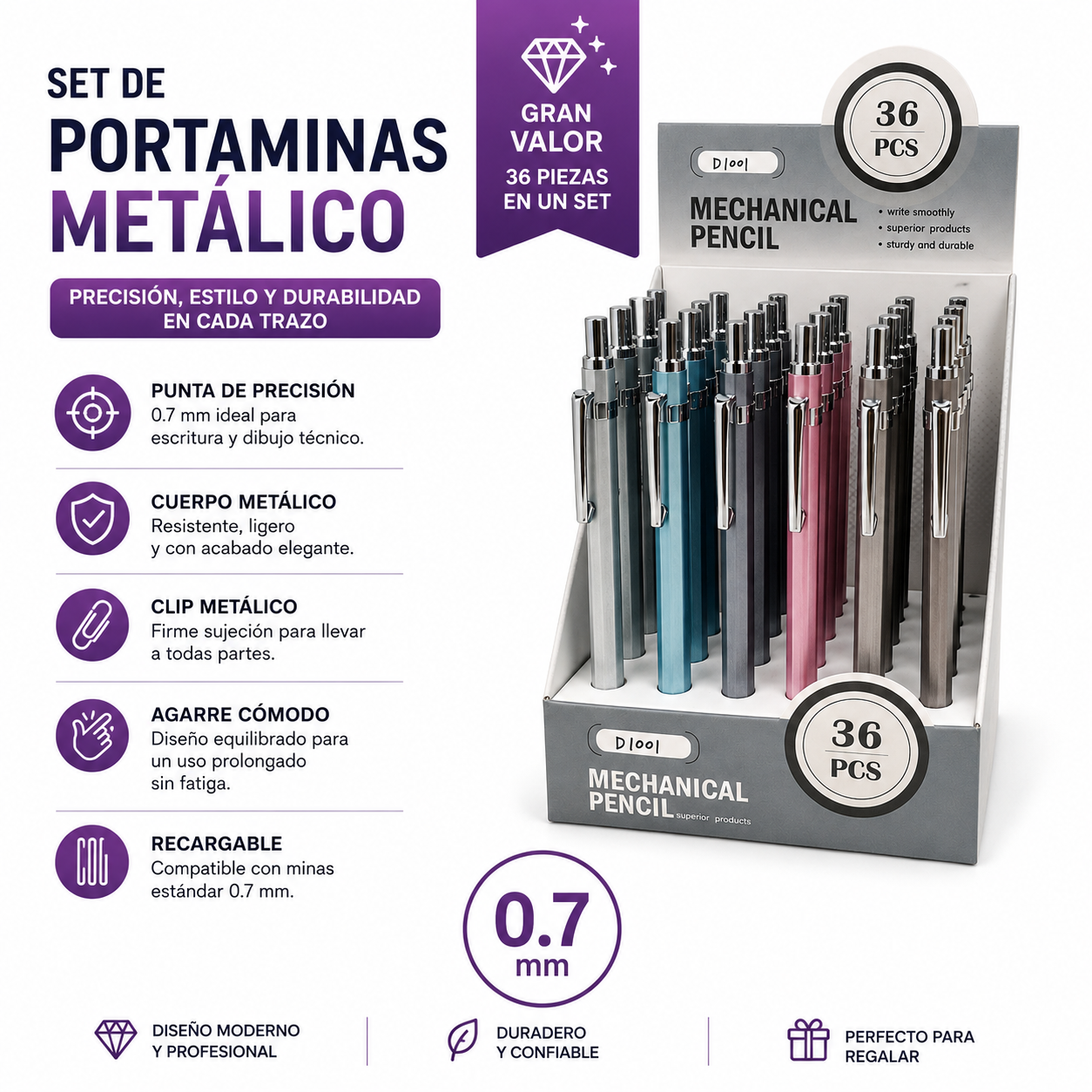 Portamina 0.7 Metalico 36 unidades