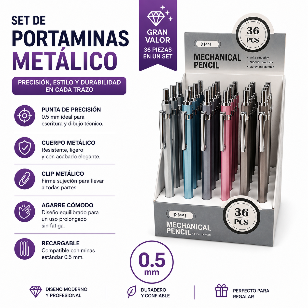 Portamina 0.5 Metalico 36 unidades