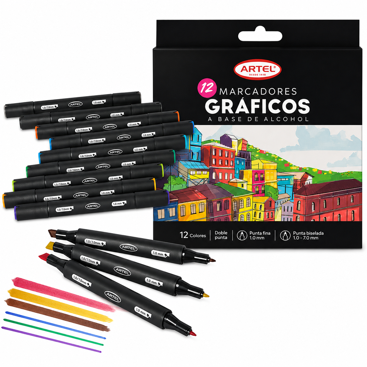 MARCADORES GRAFICOS 12 COLORES DOBLE PUNTA, ARTEL