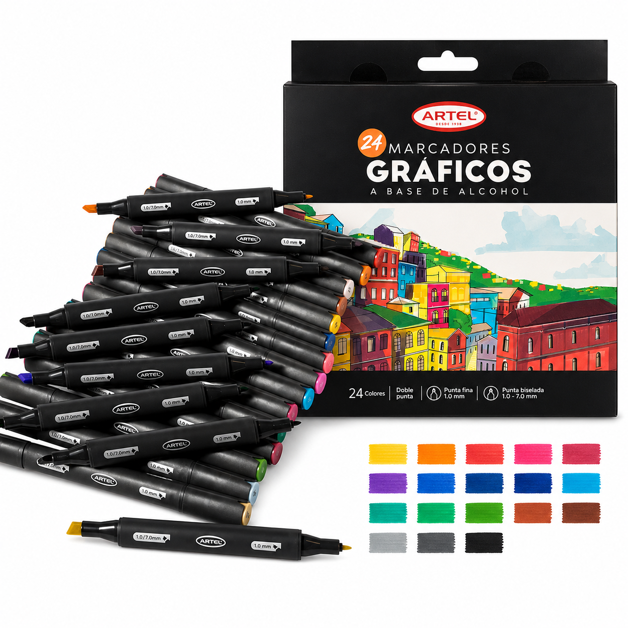 MARCADORES GRAFICOS 24 COLORES DOBLE PUNTA, ARTEL.