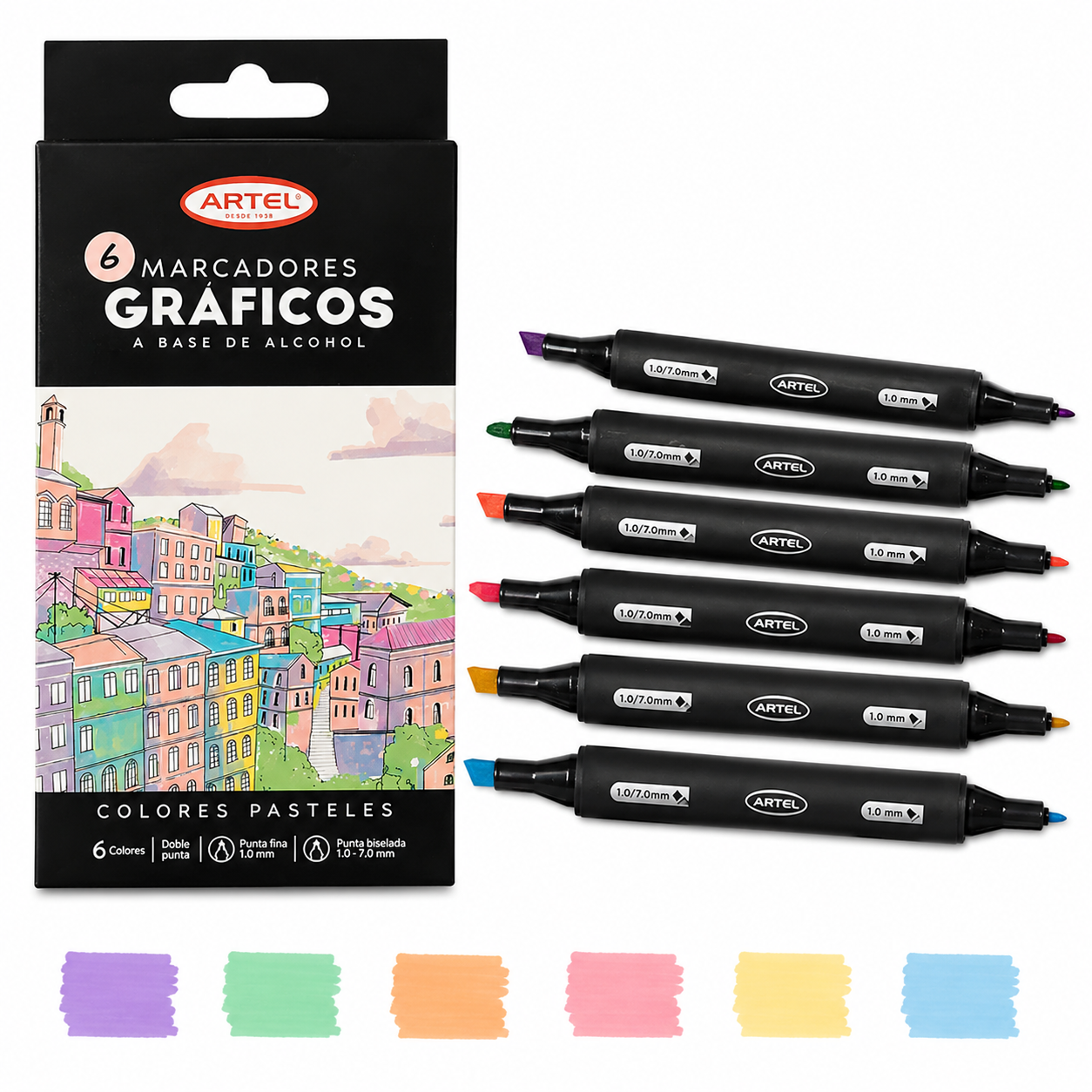 MARCADORES GRAFICOS 6 COLORES PASTEL DOBLE PUNTA, ARTEL