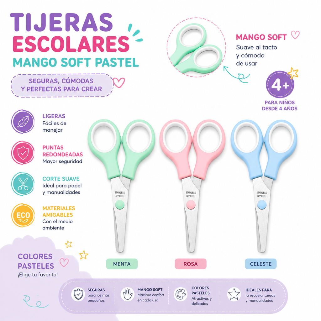 Tijera Escolar Mango Soft Pastel - Unidad
