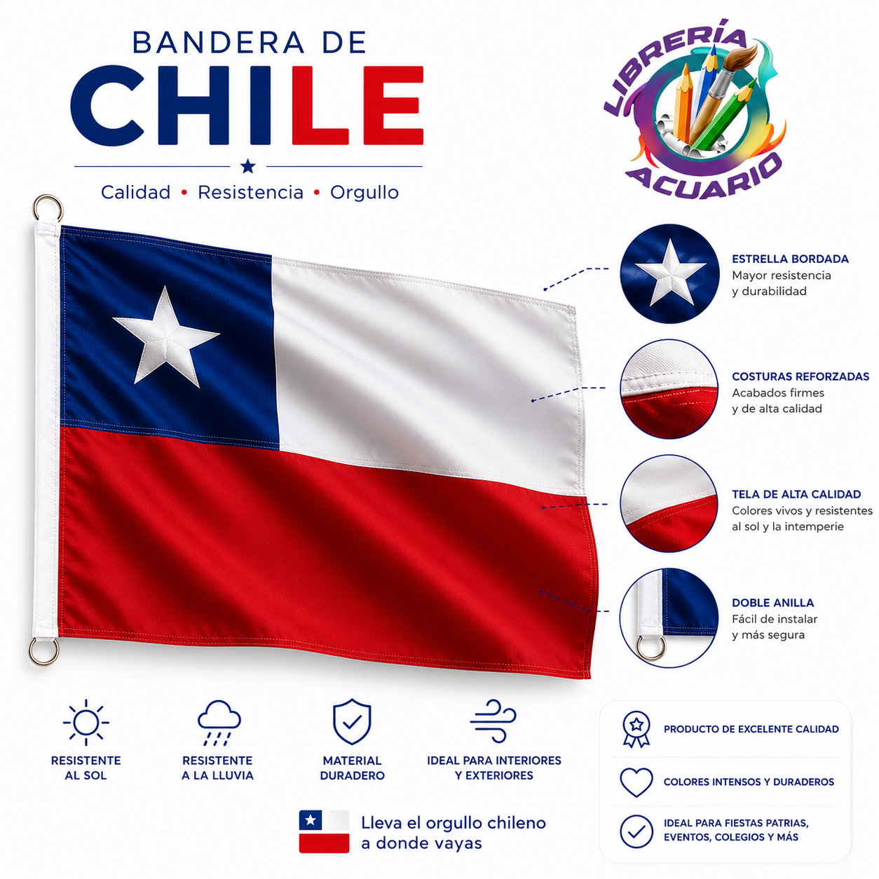 Bandera Chilena 60x90 Estrella Bordada