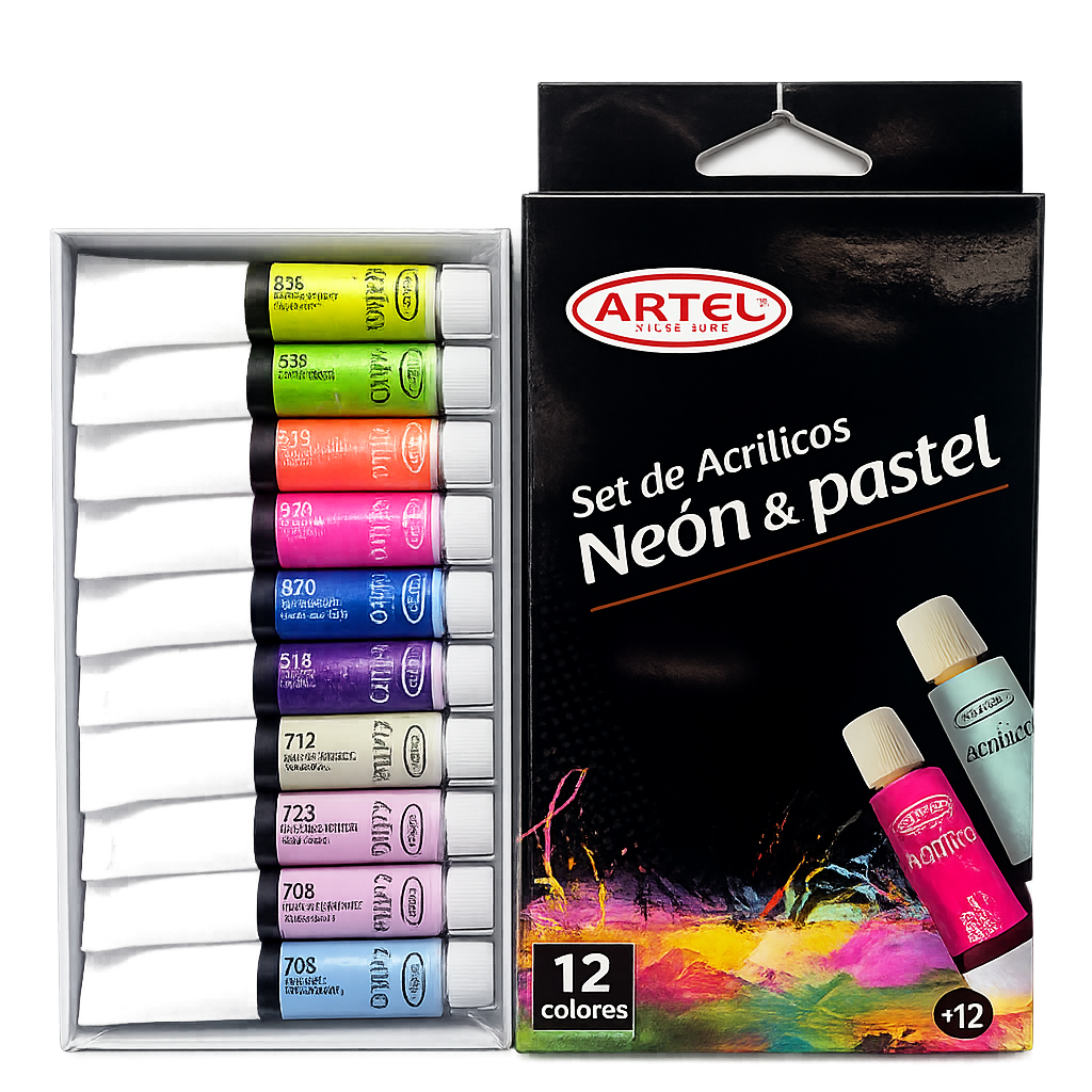 Set 12 Pinturas Acrílicas Colores Neón Y Pastel 12 Ml