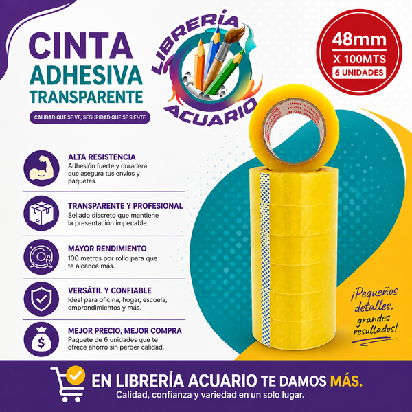 Cinta de embalaje 48mm x 100MTS 6 UNIDADES