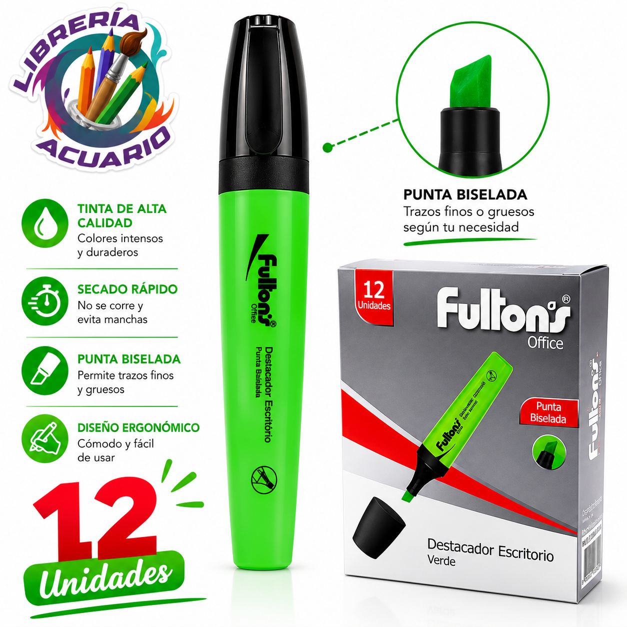 Destacador Punta Biselada Fultons x12