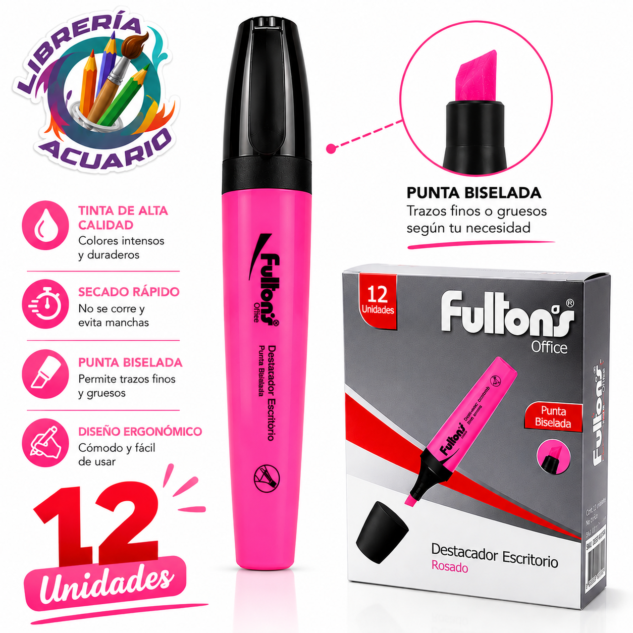 Destacador Punta Biselada Fultons x12
