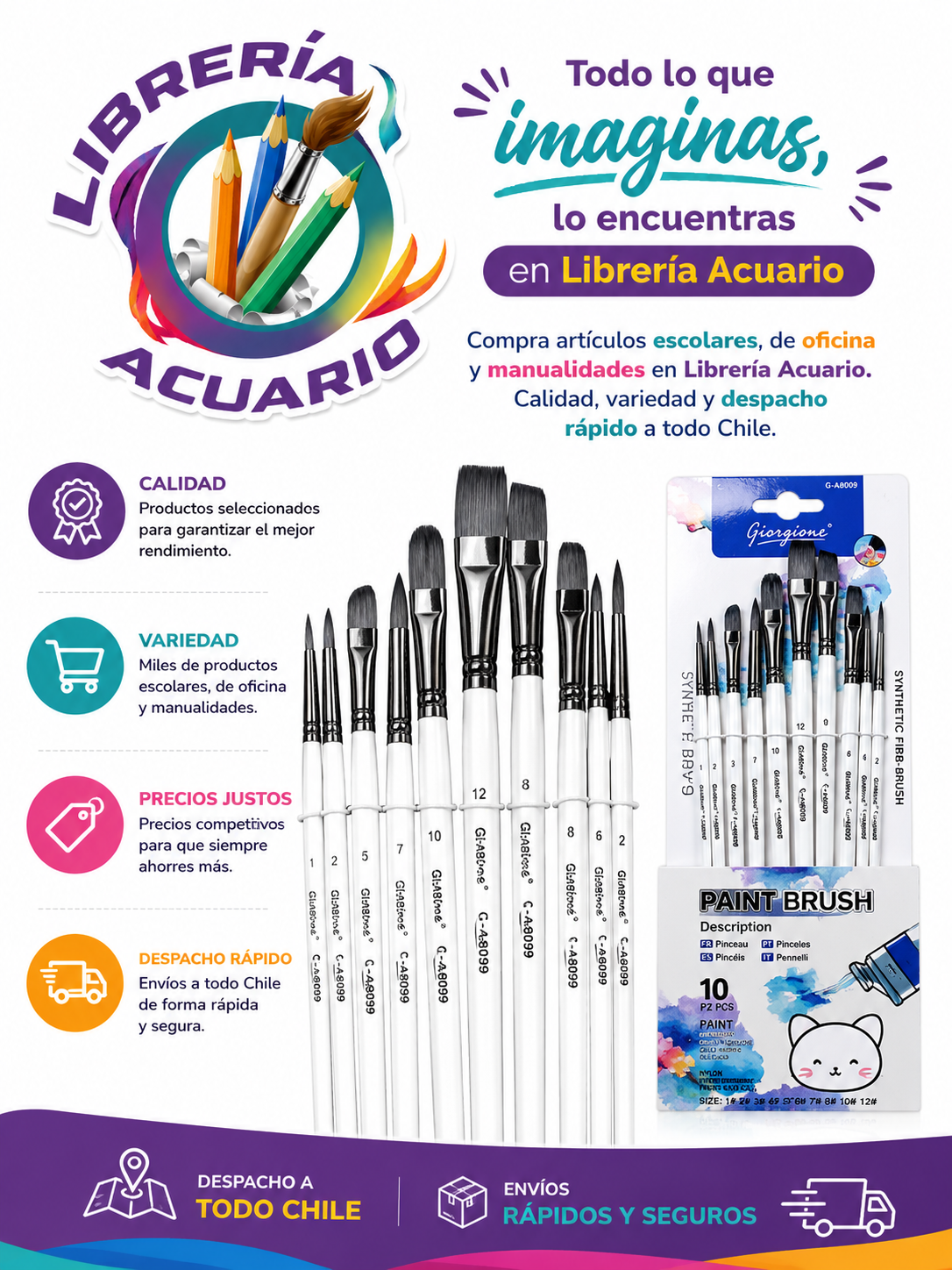 Set de 10 Pinceles Sintéticos para Pintura