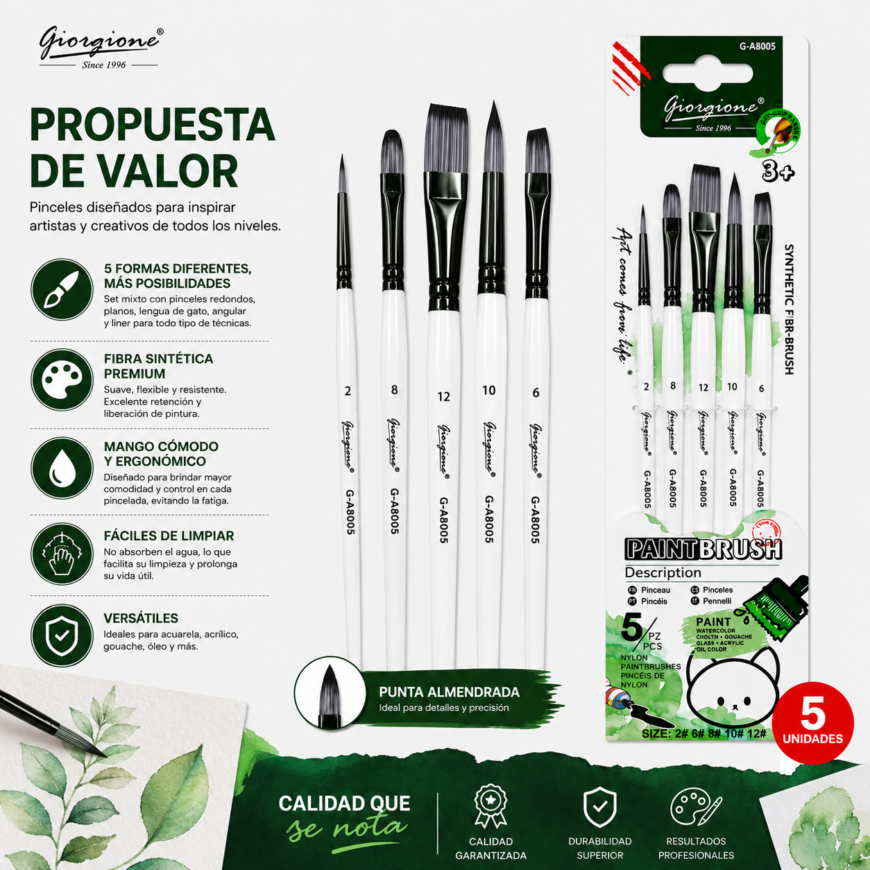 Set 5 Pinceles Surtidos Sinteticos