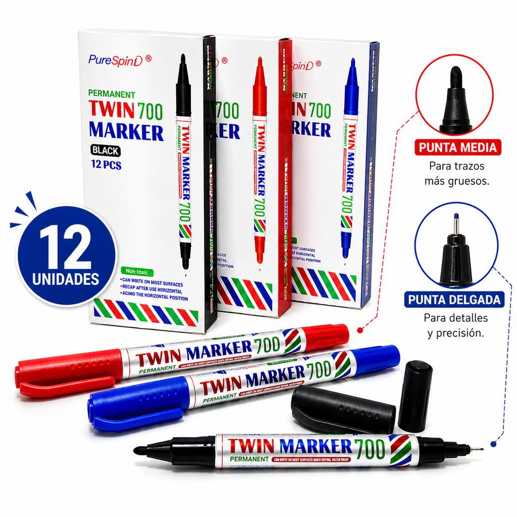 Marcador Permanente Doble Punta x12 Unidades