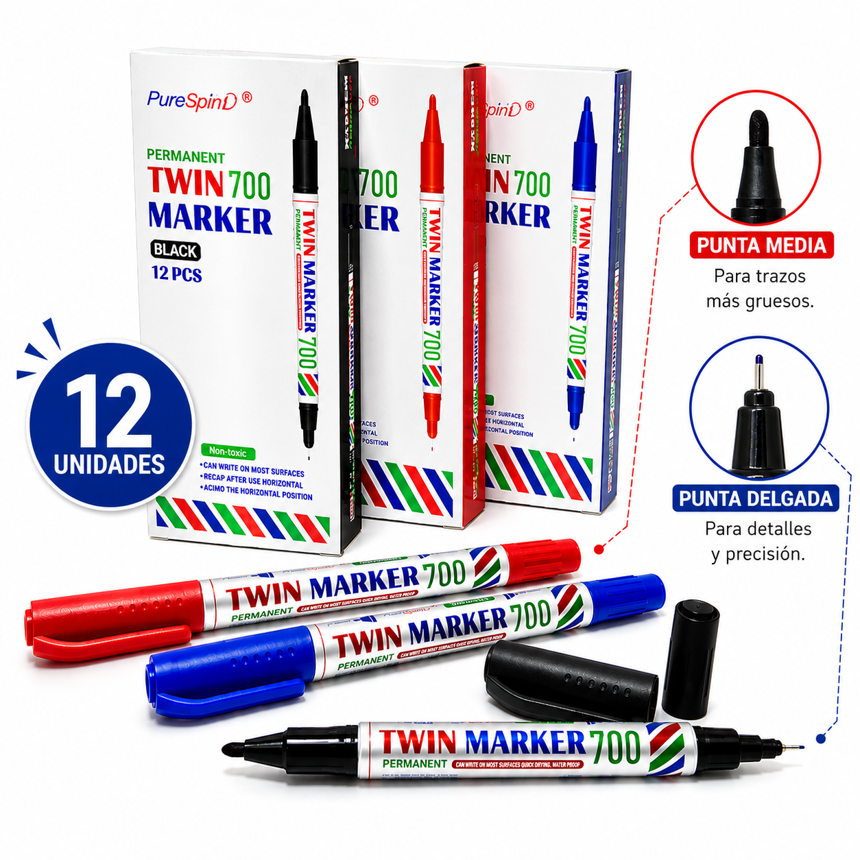 Marcador Permanente Doble Punta x12 Unidades