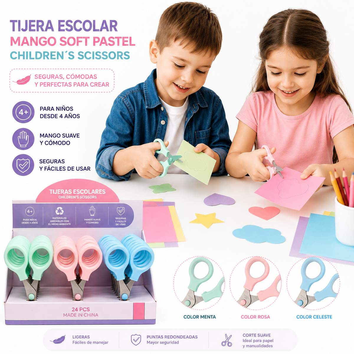 Tijera Escolar Mango Soft Pastel 24 Uni