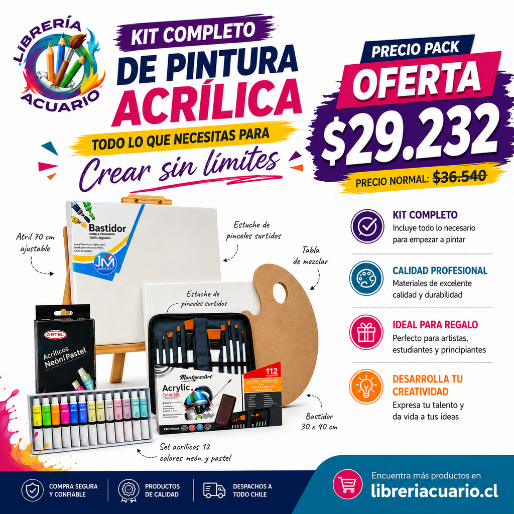 Kit Completo de Pintura Acrílica con Atril y Bastidores