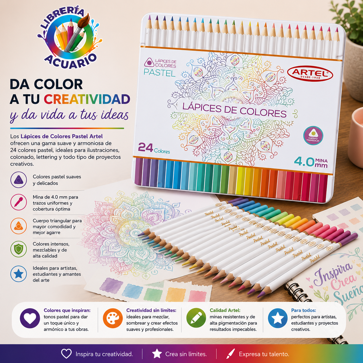 Estuche Metalico 24 lapices Colores Pastel ARtel
