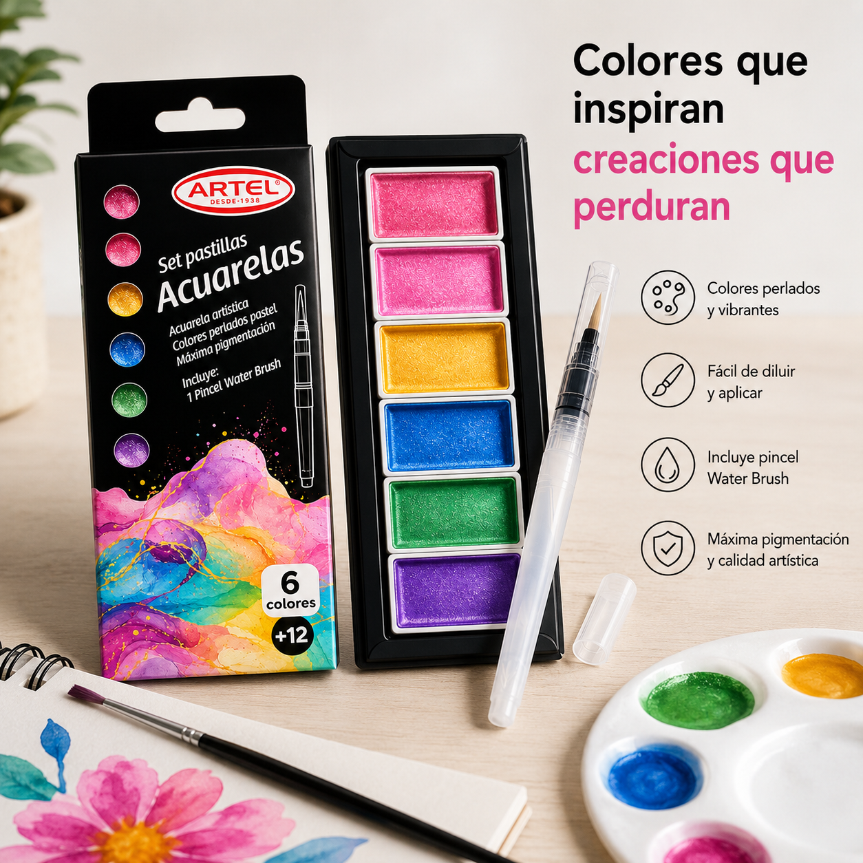 ESTUCHE ACUARELA PASTILLAS 6 COLORES PERLADOS PASTEL, ARTEL