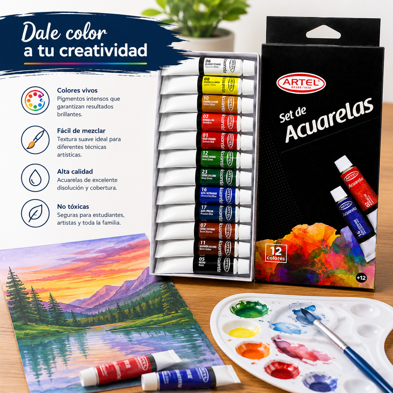 SET DE PINTURAS ACUARELAS 12 COLORES ARTEL
