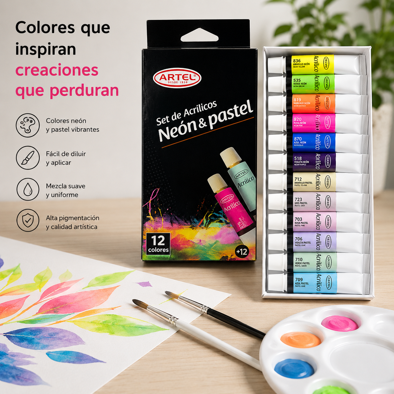Set 12 Pinturas Acrílicas Colores Neón Y Pastel 12 Ml
