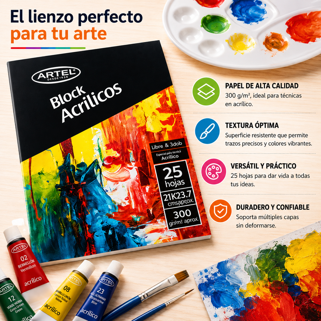 Block Pinturas Acrilicos 25 Hojas Artel.