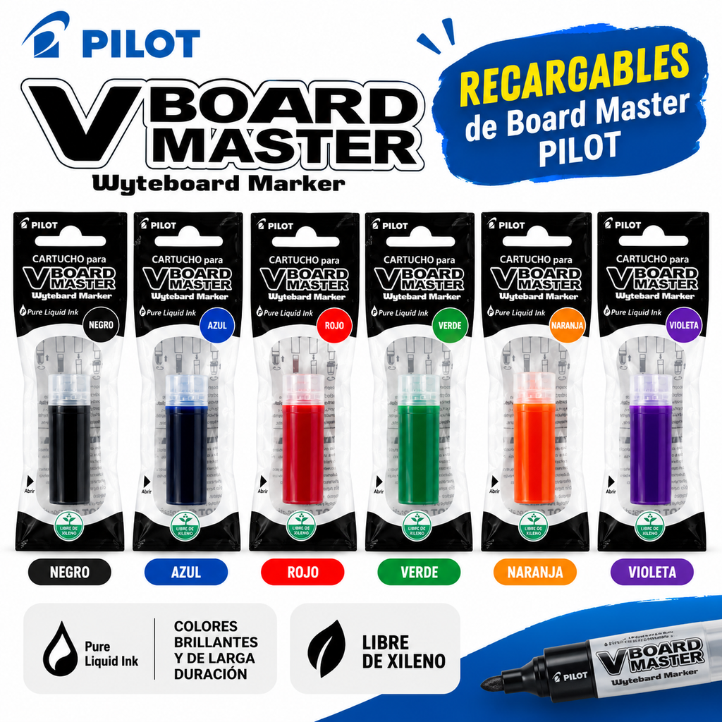 Recarga Tinta Pilot V-Board Master para Plumón de Pizarra – 6 Colores