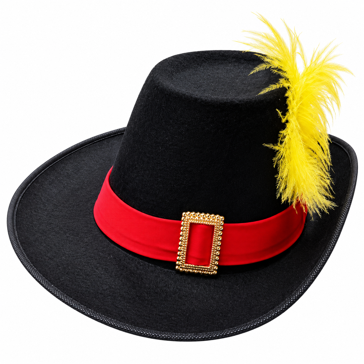 Sombrero negro con pluma amarilla